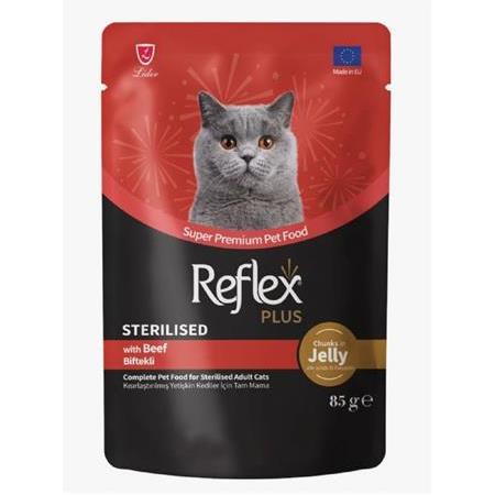 REFLEX PLUS POUCH JÖLE İÇİNDE ET PARÇACIKLI BİFTEKLİ KISIRLAŞTIRILMIŞ YETİŞKİN KEDİ MAMASI 85 G