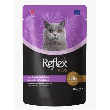 REFLEX PLUS POUCH JÖLE İÇİNDE ET PARÇACIKLI SOMONLU&TON BALIKLI YETİŞKİN KEDİ MAMASI 85 G