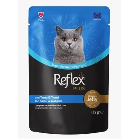 REFLEX PLUS POUCH JÖLE İÇİNDE ET PARÇACIKLI TON BALIKLI VE ALABALIKLI YETİŞKİN KEDİ MAMASI 85 G