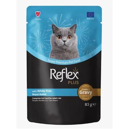 REFLEX PLUS POUCH SOS İÇİNDE ET PARÇACIKLI BEYAZ BALIKLI YETİŞKİN KEDİ MAMASI 85 G