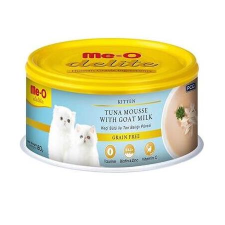 Me-O Delite Kitten Ton Balığı Püresi ve Keçi Sütlü Tahılsız Yavru Kedi Konservesi 80 Gr